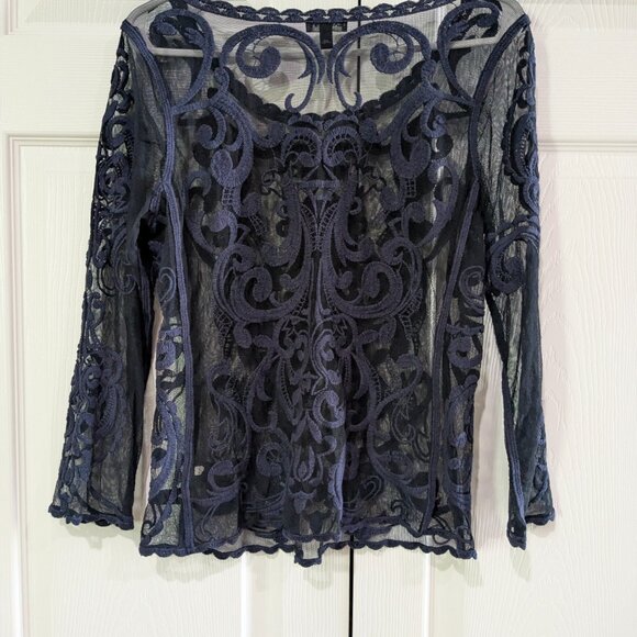 Express Women's Blue Mesh Embroidered Blouse, Size Small - Picture 7 of 12